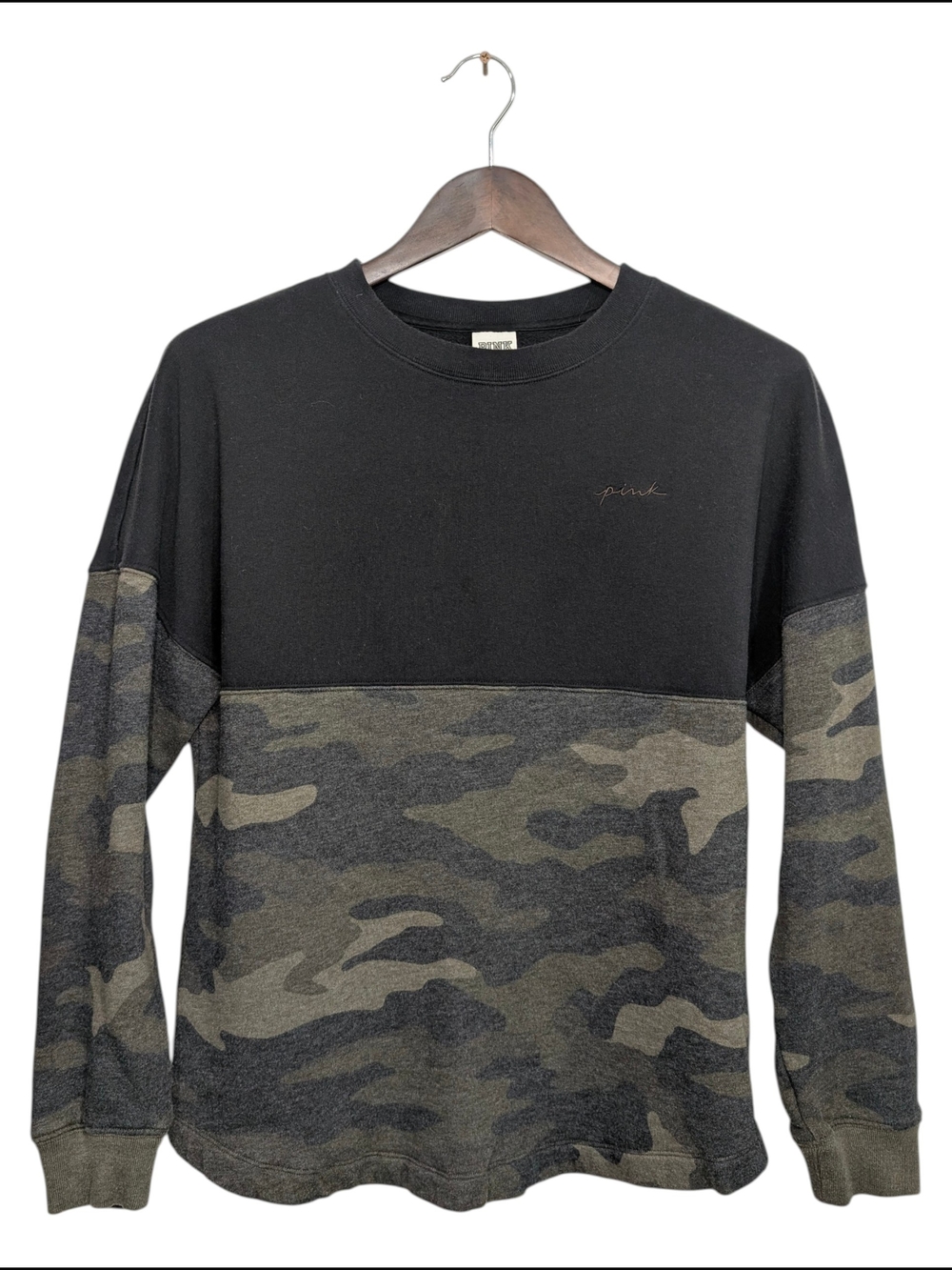 PINK Victoria's Secret XS Women's Black & Camo Green Pullover Sweatshirt